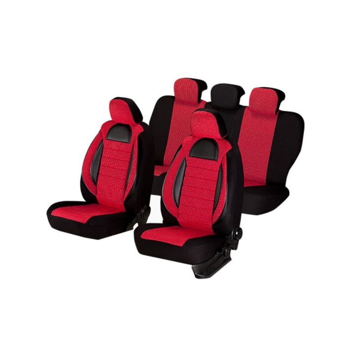 Универсални калъфи за автомобилни седалки, Racing Edition, Екологична кожа+текстил, 11 части, Червени