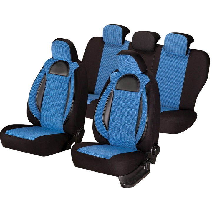 Set huse scaune auto Smartic®, Racing, 11 piese, compatibile cu airbag, rabatabile, 3 straturi de material, albastru