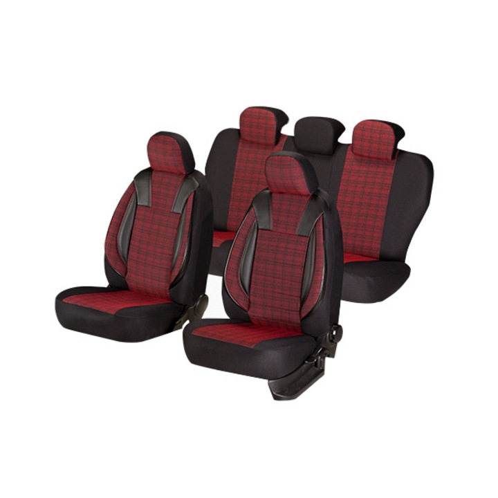 Универсални калъфи за автомобилни седалки, Luxury Edition, Екологична кожа+текстил, 11 части, Червени