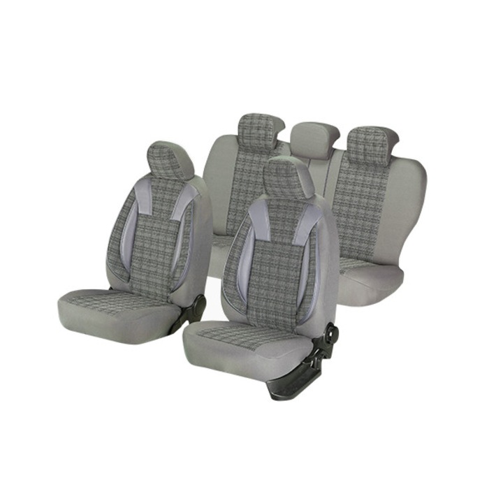 Универсални калъфи за автомобилни седалки, Luxury Edition, Екологична кожа+текстилни вложки, 11 части, Сиви