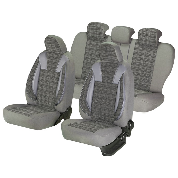 Set huse scaune auto Smartic®, Luxury, 11 piese, compatibile cu airbag, rabatabile, 3 straturi de material, gri