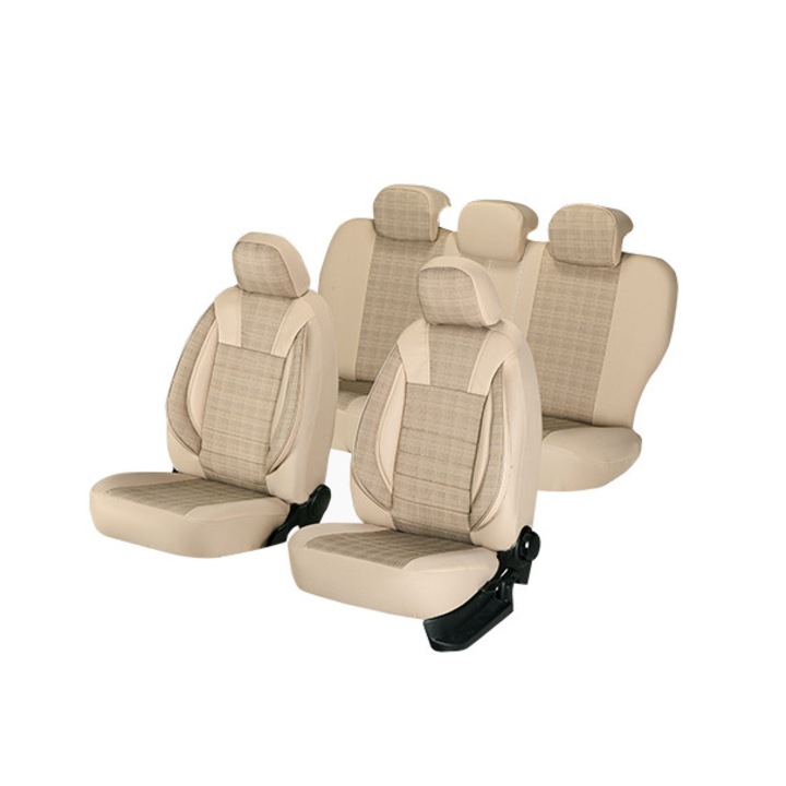 Универсални калъфи за автомобилни седалки, Luxury Edition, Екологична кожа+текстилни вложки, 11 части, Бежови