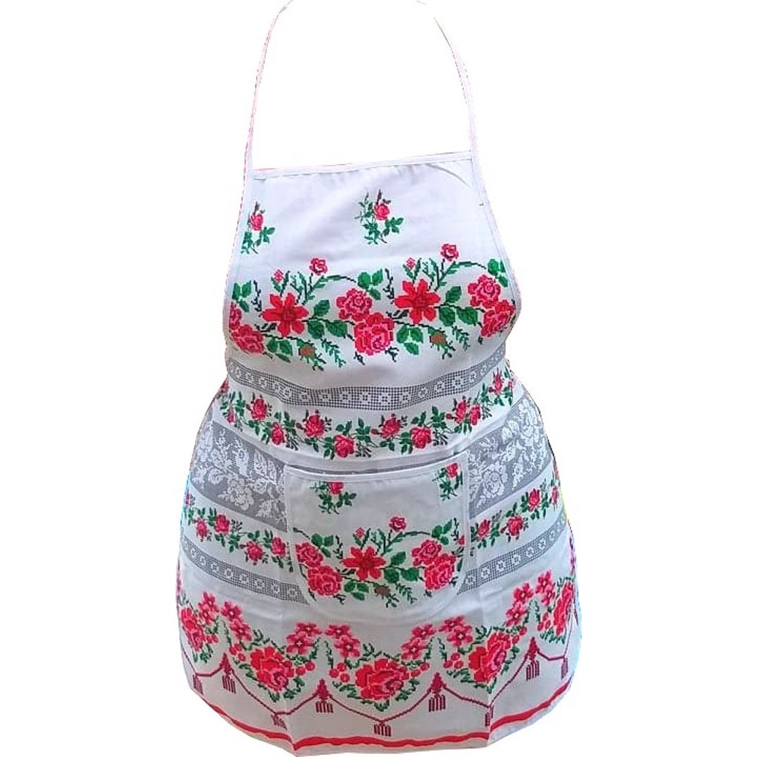 Sort de bucatarie din bumbac 100% Casa Gino®, cu buzunar, marime universala, cordon de prindere lung, Motive traditionale si trandafiri