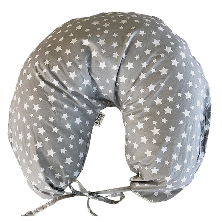 Perna de gravide si alaptare multifunctionla cu husa detasabila cu stelute, Alb / Gri, Bumbac 100%