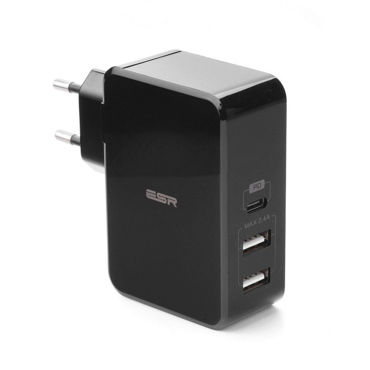 Incarcator Retea ESR 41W, Iesiri USB-C PD & 2*USB, Power Delivery Compliant, Negru