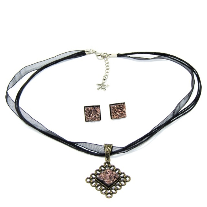 Set de bijuterii casual cu organza, bronz si druzy stralucitor „Peach scent”