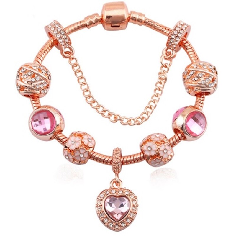 Bratara Charm cu Inima Inimioara Heart si Floare Flori, din Aliaj, Rose Gold (Ambalaj Cutie Cadou)