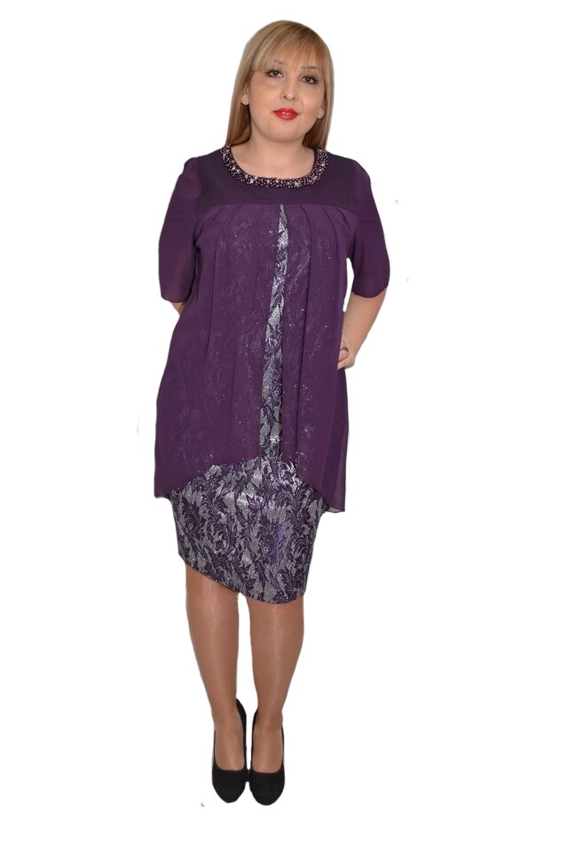 Rochie eleganta Kayla cu aplicatii de margele la baza gatului,D&J Exclussive, Mov