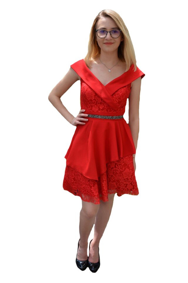 Rochie Makenzie cu insertii de dantela,strasuri in talie tip curea,D&J Exclussive, Rosu