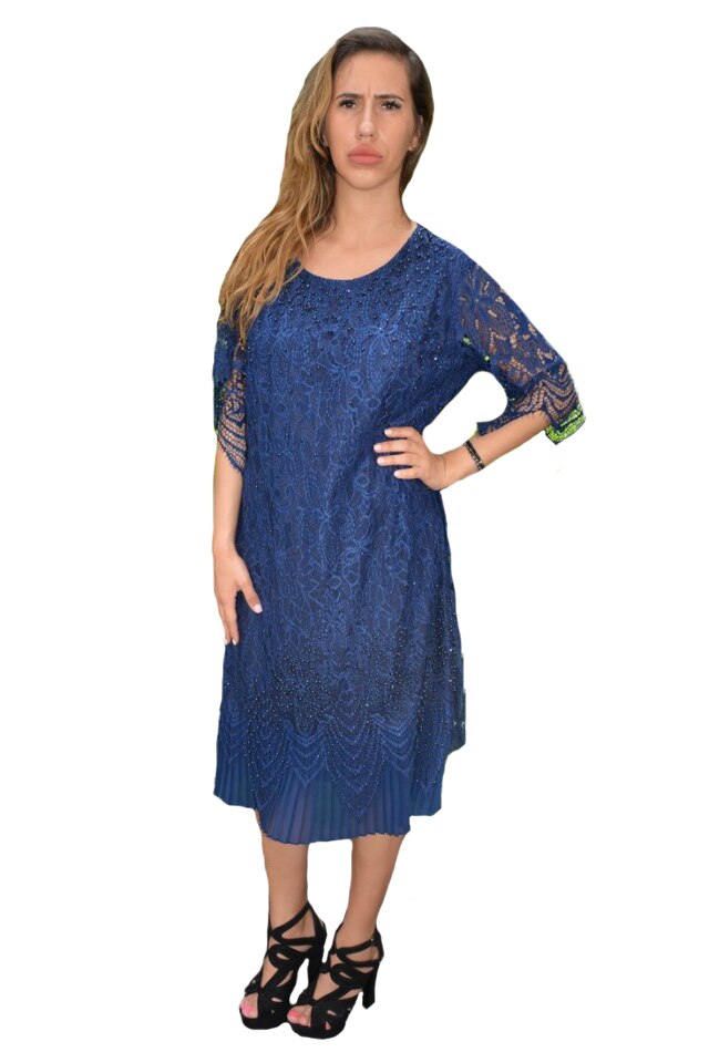 Rochie eleganta Eleanor din dantela,aplicate strasuri si margele,D&J Exclussive, Bleumarin