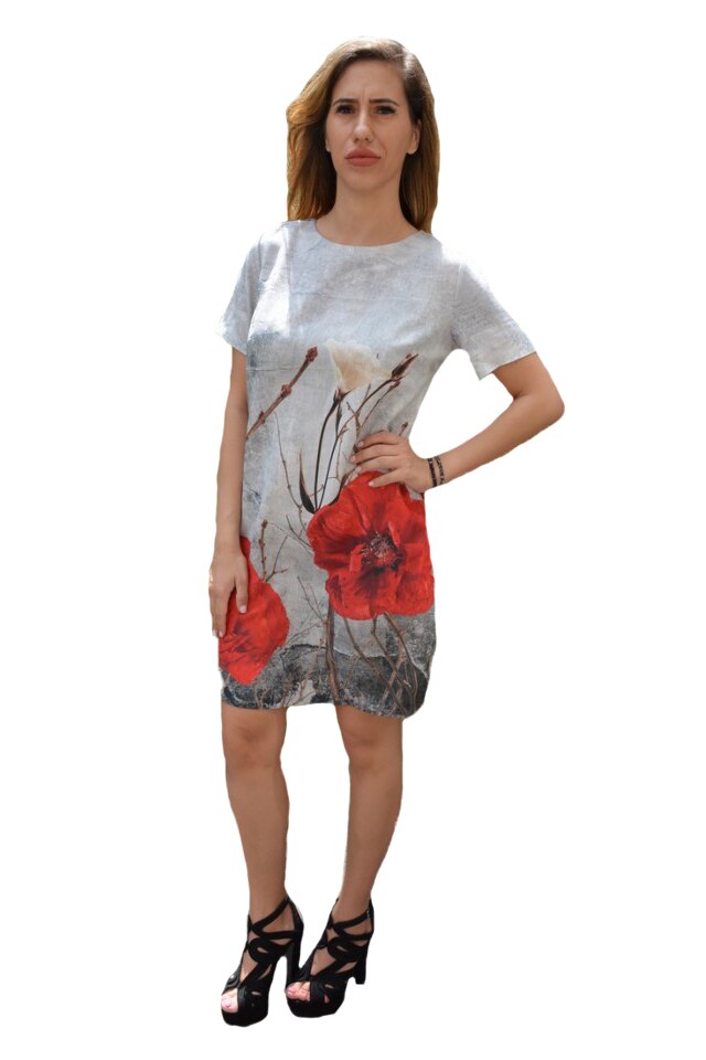 Rochie Linnea imprimeu cu maci si croi drept, D&J Exclussive, Gri