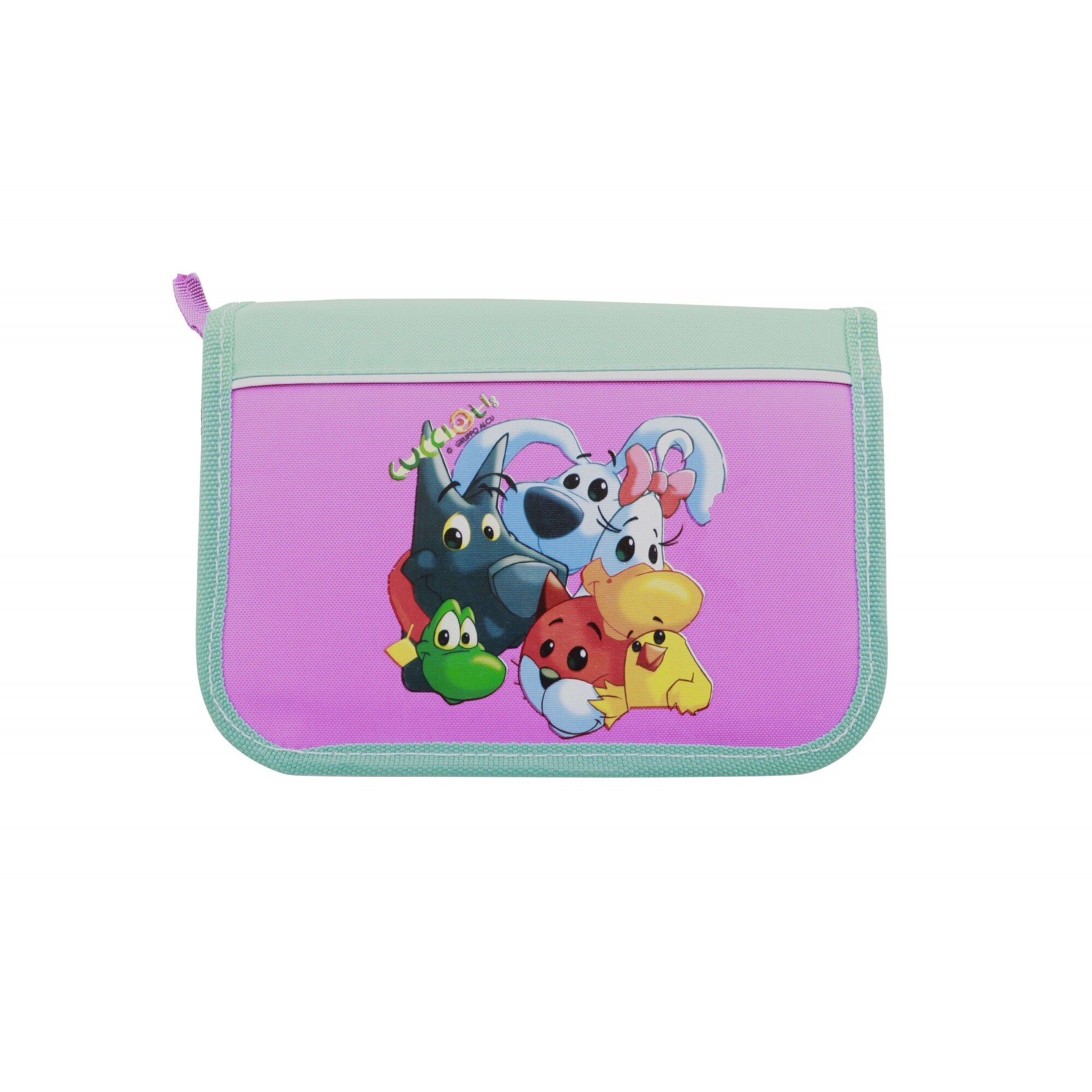 Penar echipat Cuccioli, 2 compartimente cu fermoar, 37 piese, roz/turcoaz