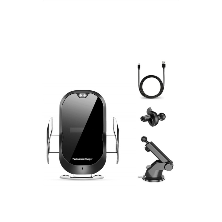 Безконтактен комплект зарядно за мобилен телефон E-smartgadget 15w, кола, черен, функция за бързо зареждане + гъвкав държач за мобилен телефон,