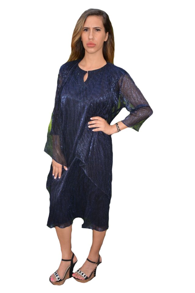 Rochie Zefera cu cartigan asimetric ,material lucios,D&J Exclussive, Bleumarin
