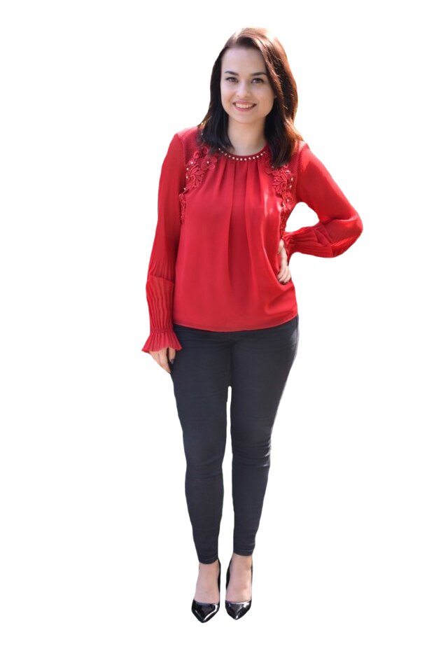 Bluza rafinata Khloe cu maneca lunga si pietre la baza gatului,D&J Exclussive, Rosu