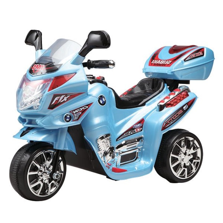 NOVOKIDS™ Moto Classico 51 Elektromos motorkerékpár, akkumulátorral gyerekeknek, 3-6 év, max 25 kg, Hangokkal, Elektromos robogó, 3 kerék, Kék