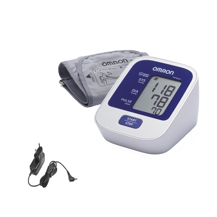 Tensiometru de brat Omron M2 Basic, validat clinic, manseta 22-32cm, oscilometric, Adaptor inclus, Alb/Albastru