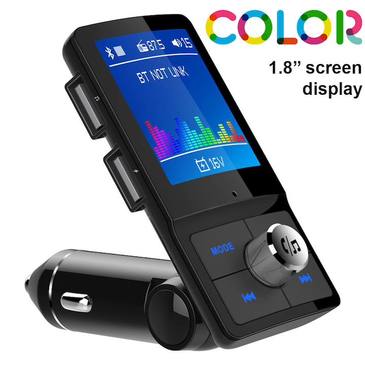 Bluetooth FM modulátor, nagy 1,8 hüvelykes színes LCD képernyő, kihangosító autós készlet, SIRI támogatás, MicroSD Mp3 lejátszó, Aux kábel, beépített mikrofon 2xUSB 2.4A kompatibilis Apple iPhone Samsung Huawei Android okostelefon, Joyon® márka, BC45