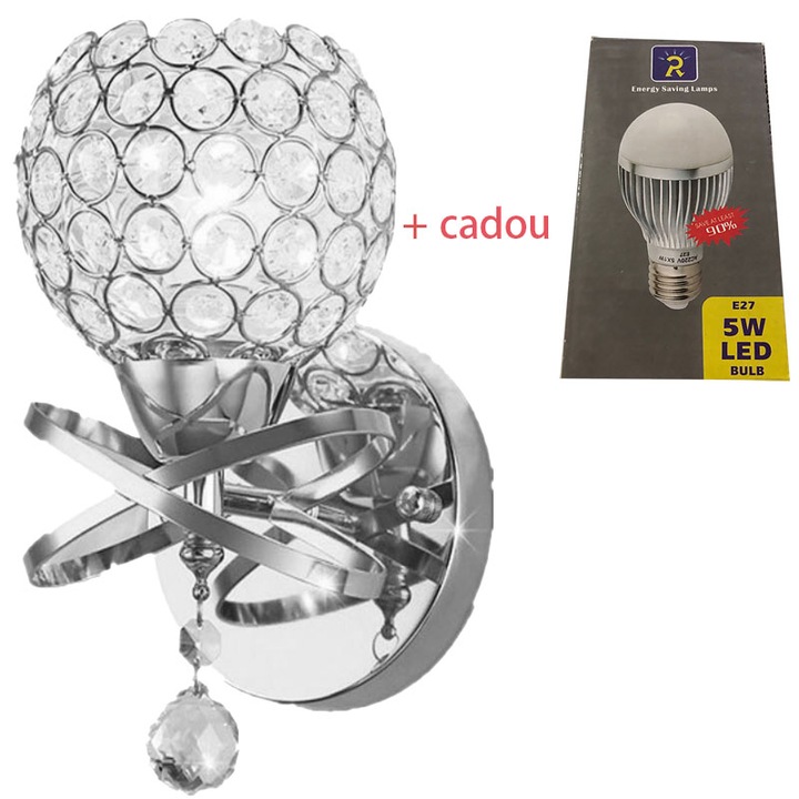 Aplica 605CH, cristal, 1*E27, schelet cromat, abajur alb transparent