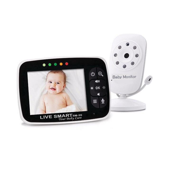 Бебефон Видео за бебета SI-LiveSmart SM35, нощно виждане, TFT 3.5", аларма за температура, 300 м, 360⁰