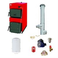 Pachet Centrala lemn carbune Burnit WB 40 KW, boiler Fornello 80 litri , pompa 25-60, vas expansiune, supapa siguranta, aerisitor automat, termostat de contact, vana cu 3 cai, cos de fum diametru 200 mm dublu perete inox-inox, inaltime 6 metri,