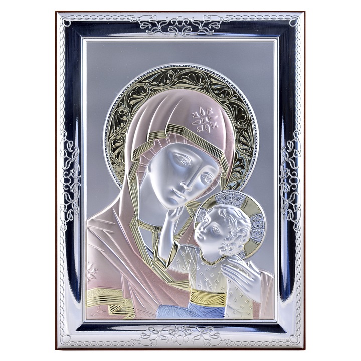Icoana placata cu argint, pictata manual - Fecioara Maria si pruncul Iisus - Ortodox, drept, finisaj lemn alun, 18x13 cm, 3/4