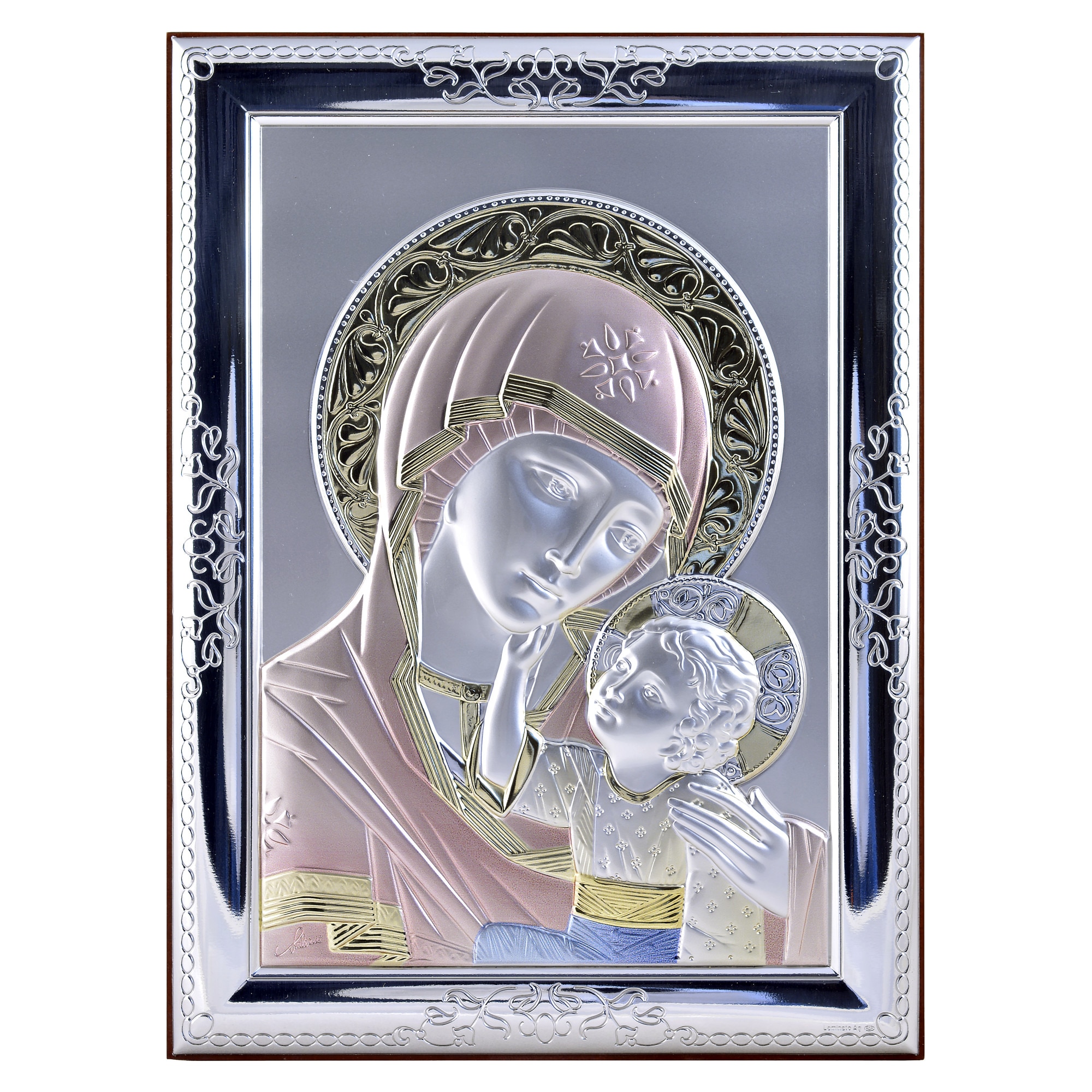 Icoana placata cu argint, pictata manual - Fecioara Maria si pruncul Iisus - Ortodox, drept, finisaj lemn alun, 12x9 cm, 2/4