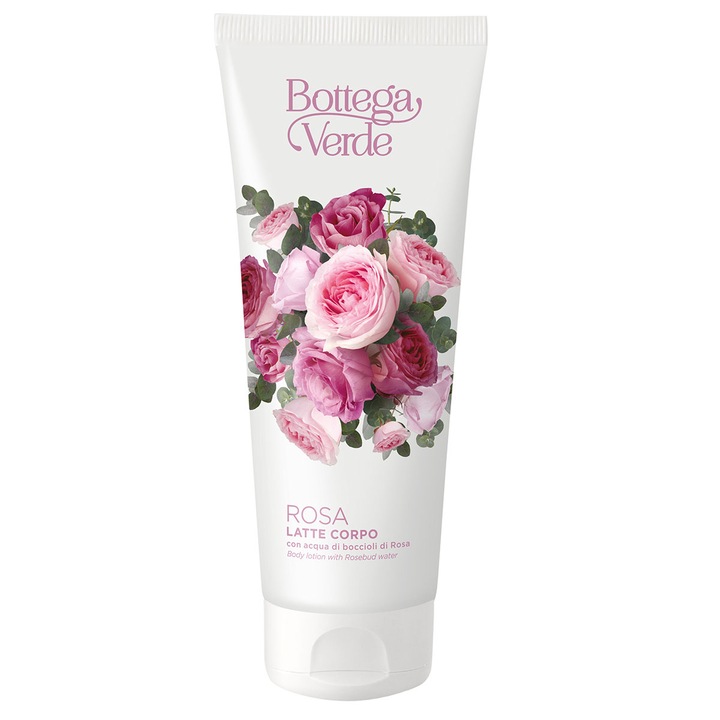 Lapte de Corp Hidratant, Cu Aroma de Trandafiri - Rosa, Bottega Verde, Hidratare Intensa si Catifelare pentru Pielea Intregului Corp, Parfum Dulce de Trandafiri, Ideal pentru Piele Normala, 200 ml