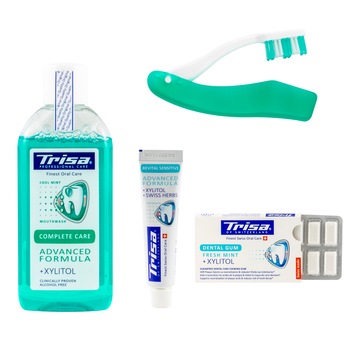 Pachet Trisa Travel format din pasta dinti Trisa Revital Sensitive Mini 15 ml cu periuta dinti Trisa travel si apa de gura Trisa Complete Care 100 ml cu Xylitol plus guma dentara Trisa Pachet Trisa Travel format din pasta dinti Trisa Revital Sensitive Mini 15 ml cu periuta dinti Trisa travel si apa de gura Trisa Complete Care 100 ml cu Xylitol plus guma dentara Trisa