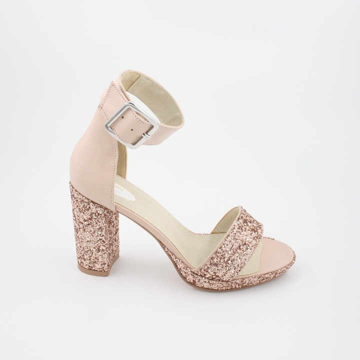 Дамски сандали, естествена кожа, дебел висок ток, розов блясък, розов