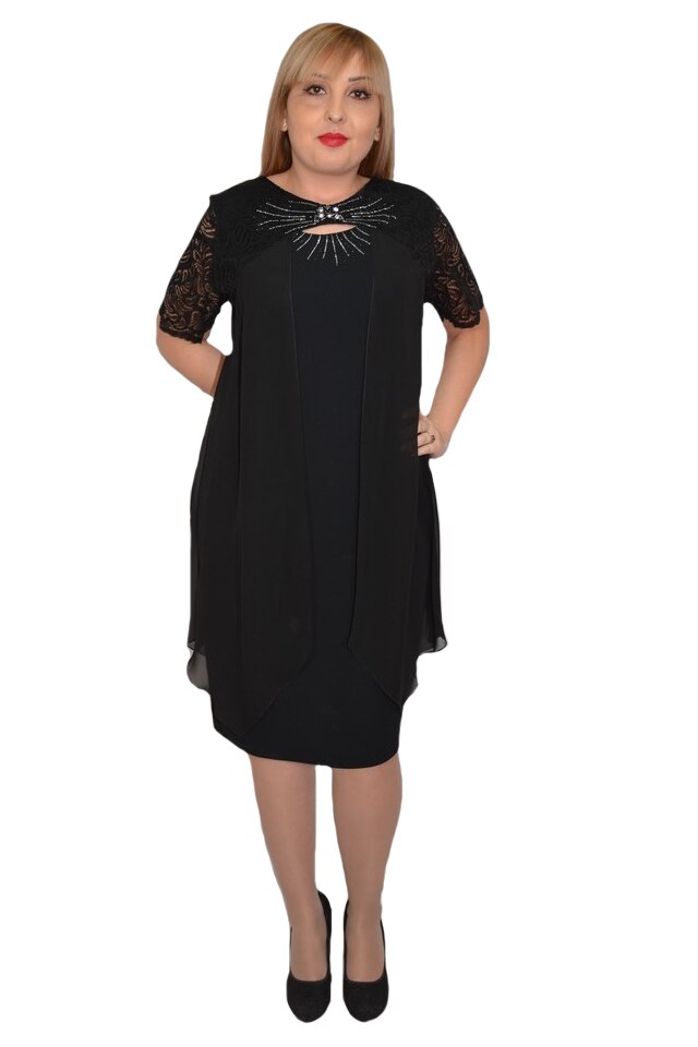 Rochie rafinata Raelynn cu aplicatii de strasuri, dantela la brate,D&J, Negru