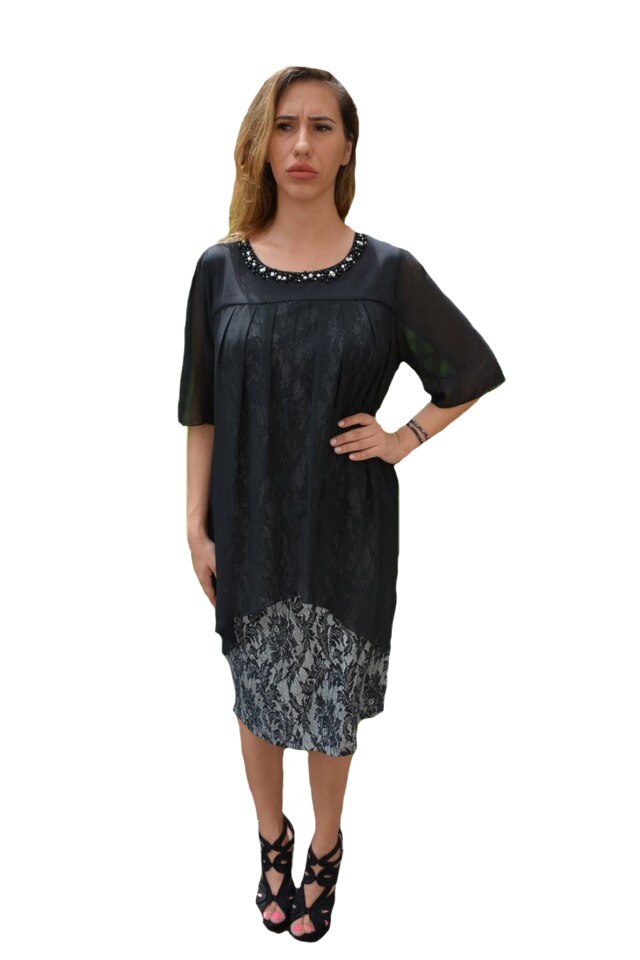 Rochie eleganta Kayla cu aplicatii de margele la baza gatului,D&J Exclussive,negru-argintiu, Negru-Argintiu/Negru/Argintiu