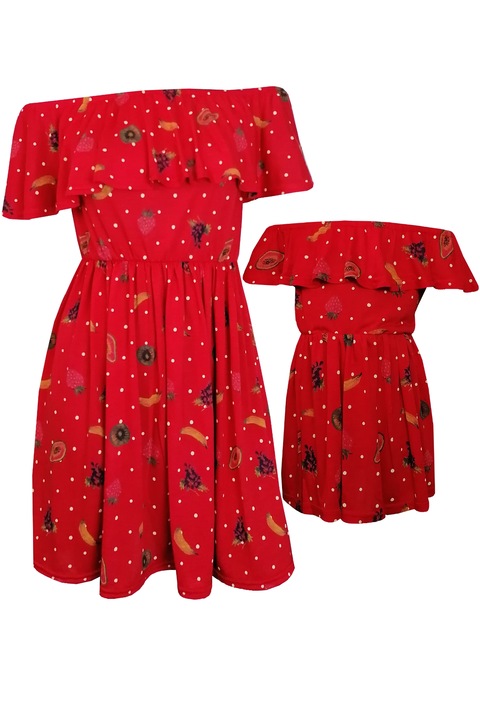 Set mama/ fiica marimea S+ 1/2 ani, rochii cu volanas, rosii cu imprimeu fructe