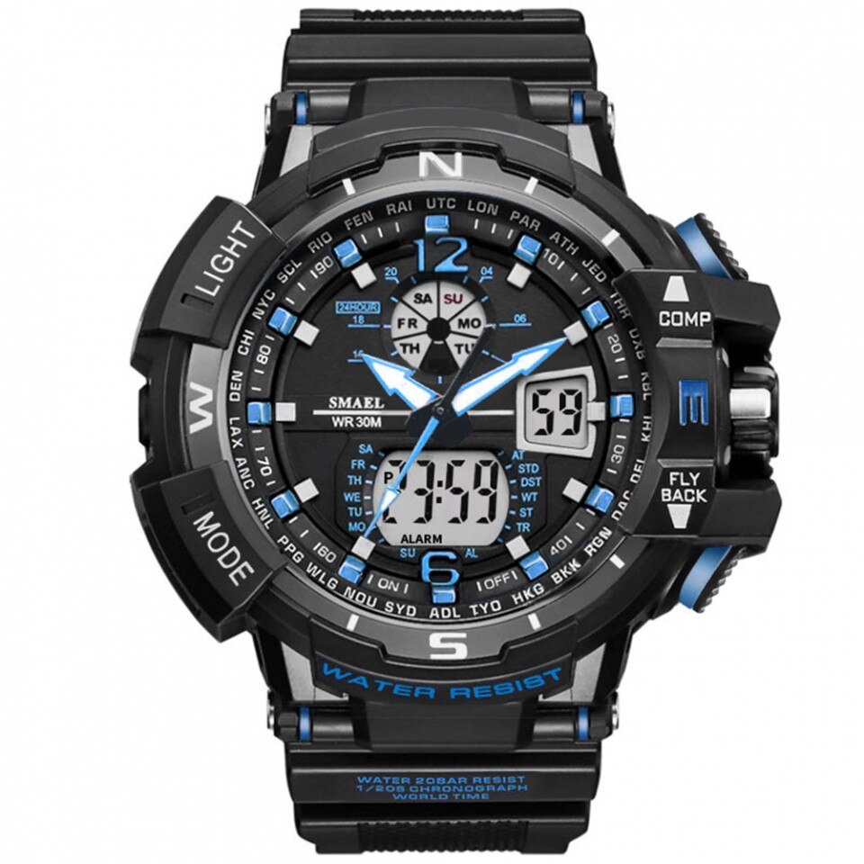 Ceas barbatesc quartz, Smael, stil sport, negru / albastru, curea din silicon, afisaj hibrid