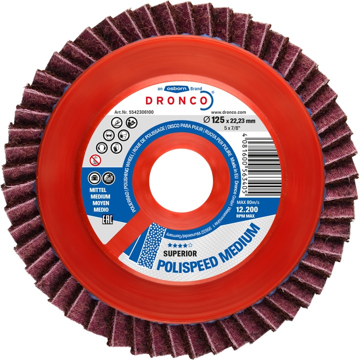 DRONCO Scotchbrite lamellás korong (nem szőtt csiszolóanyag), átmérő 125, közepes szemcsézés (MED) sarokhoz