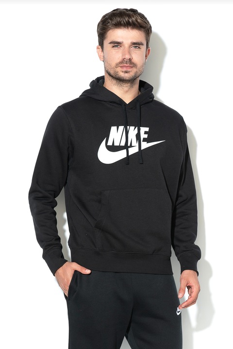 Nike, Худи Sportswear Club с лого и джоб кенгуру, Бял/Черен