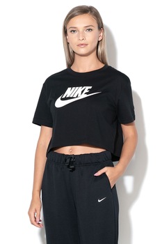 Nike, Tricou crop cu imprimeu logo Sportswear Essentials, Negru/Alb Nike, Tricou crop cu imprimeu logo Sportswear Essentials, Negru/Alb