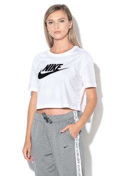 Nike, Tricou crop cu imprimeu logo Sportswear Essentials, Alb/Negru Nike, Tricou crop cu imprimeu logo Sportswear Essentials, Alb/Negru