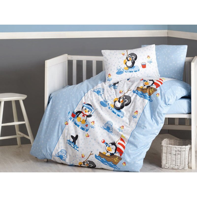 Lenjerie pentru patut bebe, Cottonbox, 3 Piese, model Penguen , Bumbac 100%