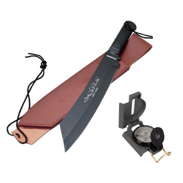 Pachet format din maceta Rambo IV 43 cm, cu teaca din piele ecologica si busola de buzunar din metal BRT-043