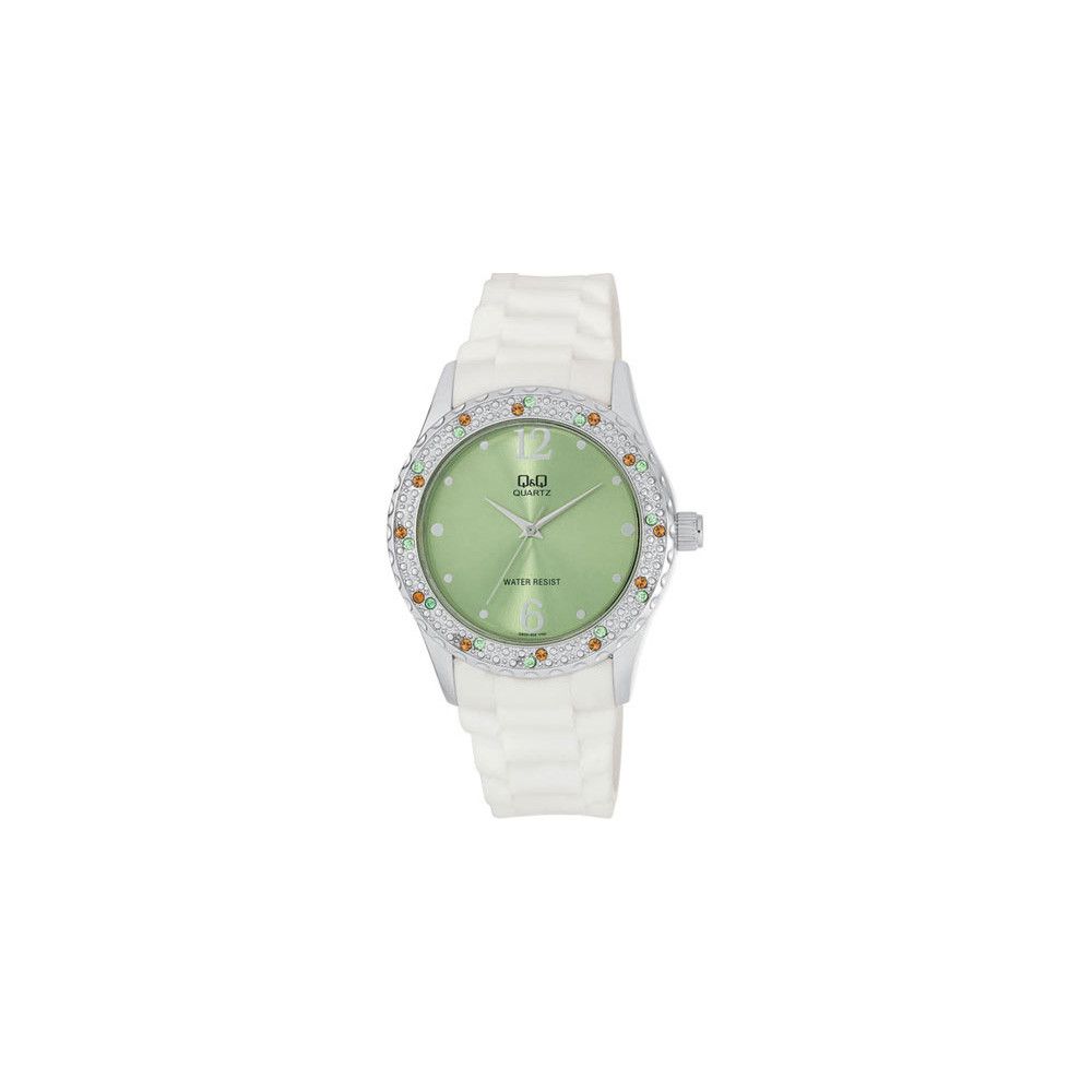 Ceas dama Quartz Q&Q cu cristale casual, elegant Q5687 verde, curea silicon