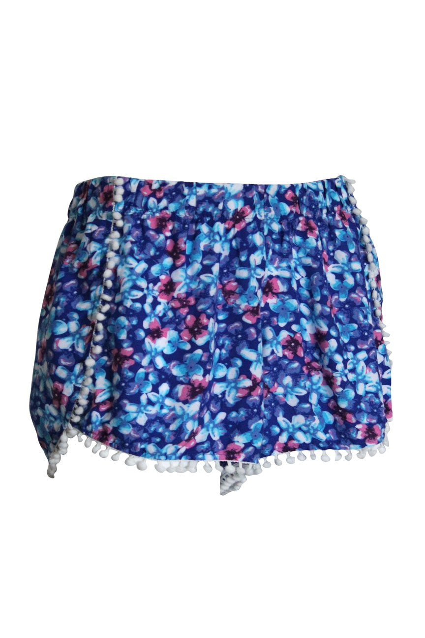 Pantaloni scurti cu imprimeu floral si terminatii ornamentale bum-bum, de dama, Multicolor, Papaya, 12 UK