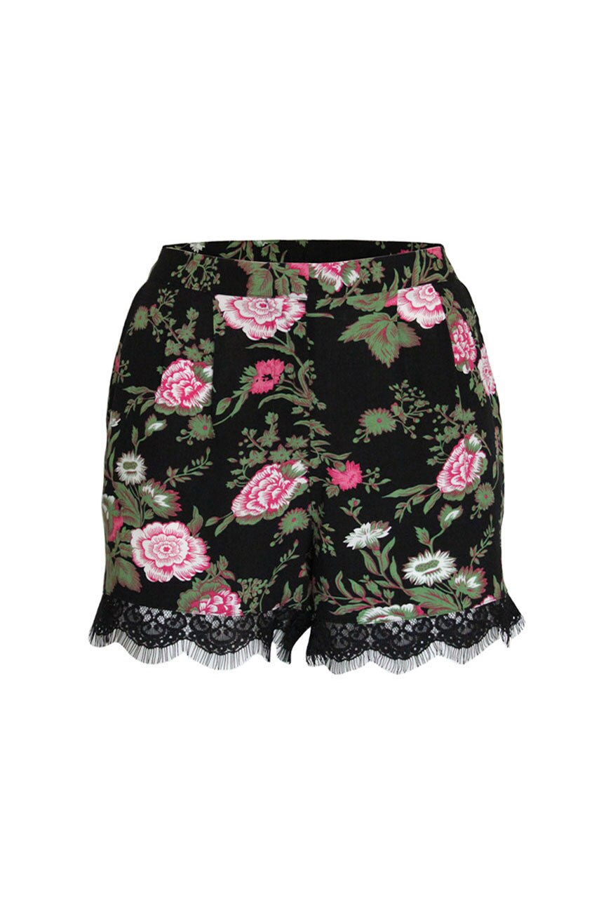 Pantaloni scurti cu imprimeu floral si margini dantelate, de dama, Multicolor, Papaya, 10 UK