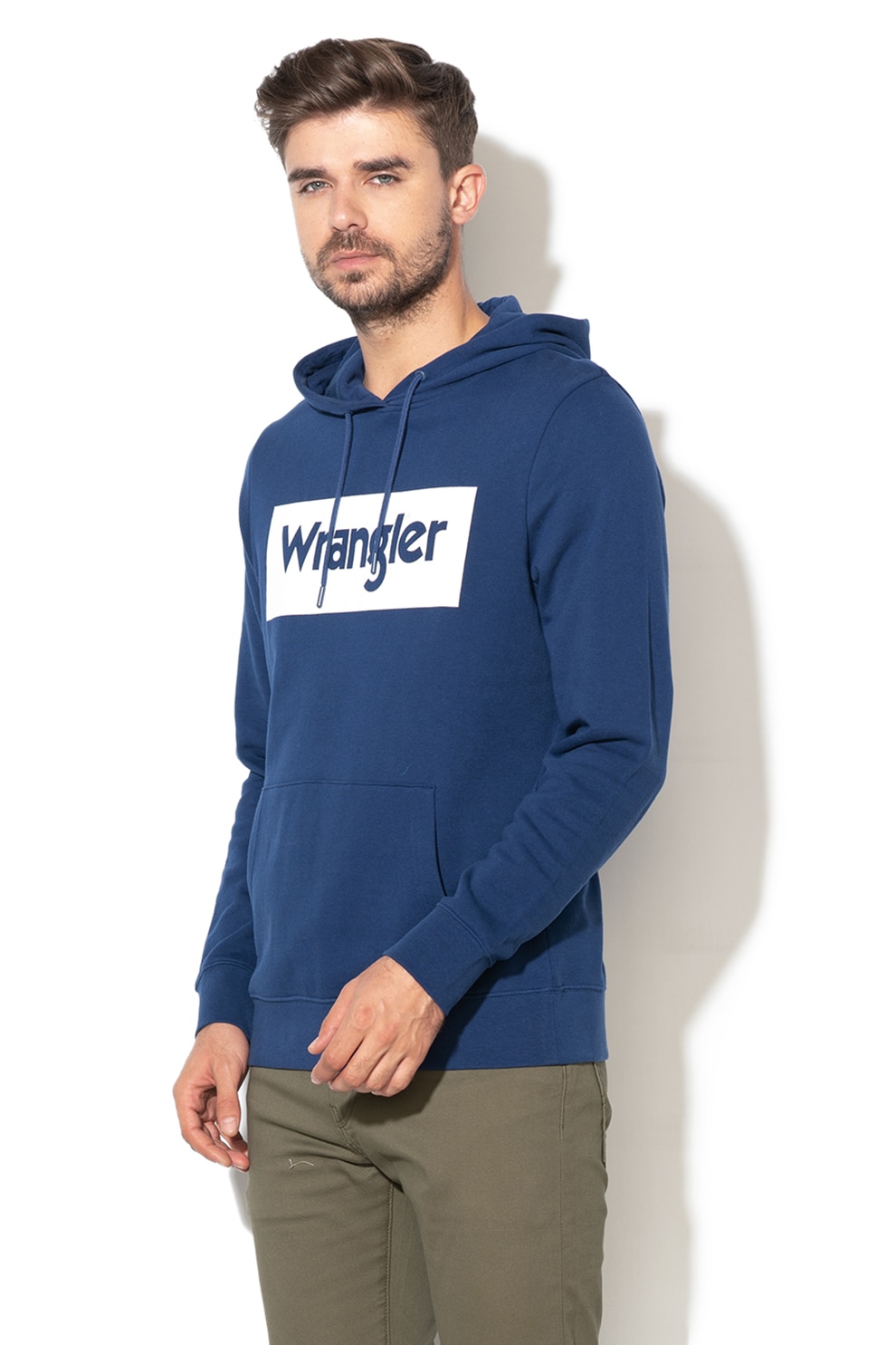 Wrangler, Hanorac din bumbac cu imprimeu logo, Albastru, S