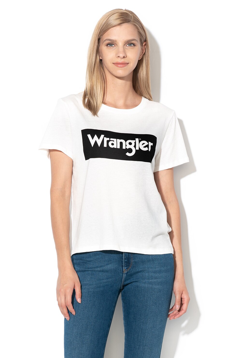 Wrangler, Tricou din bumbac cu imprimeu logo, Alb