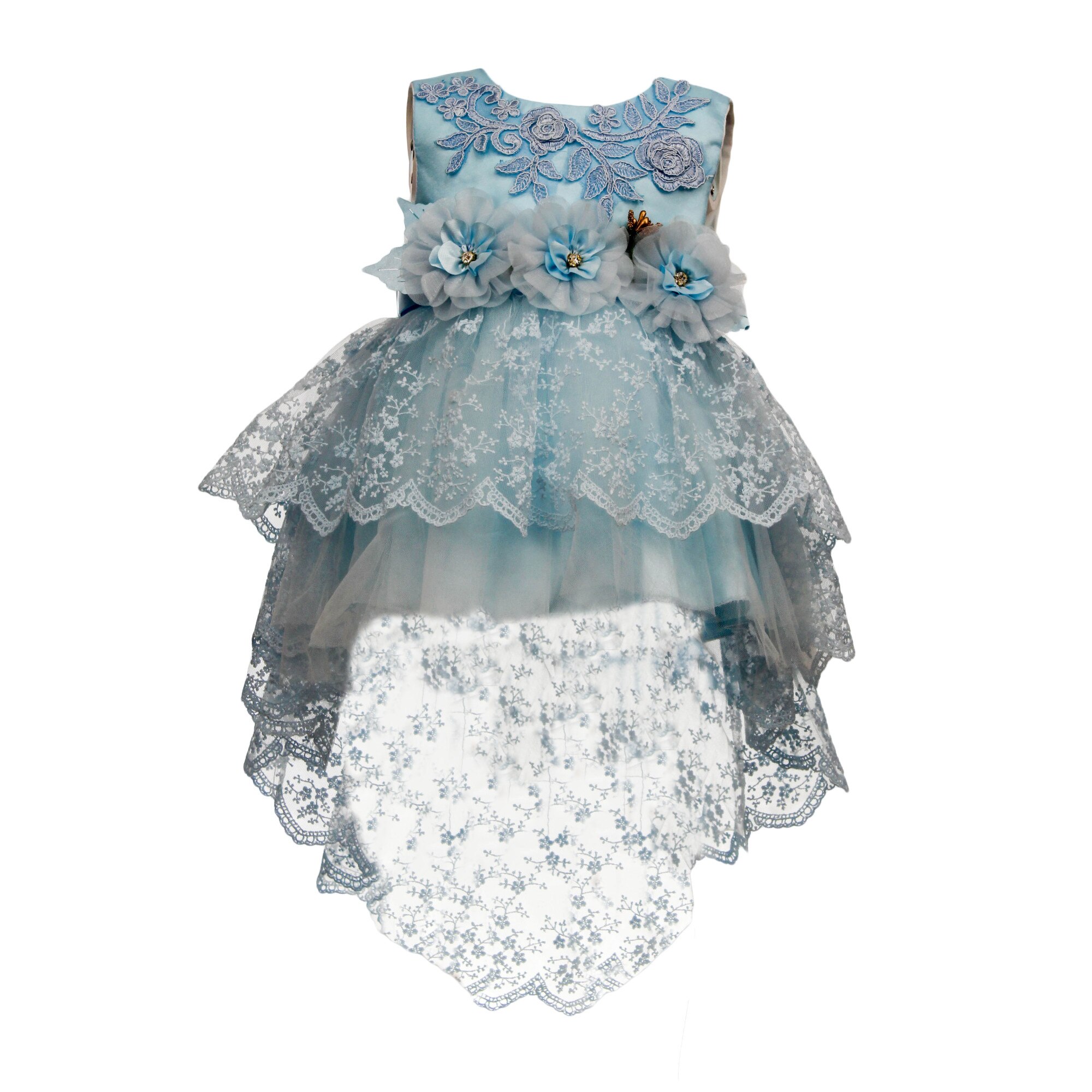 Rochie cu trena, model Flori, culoare turcoaz, varsta 9 luni