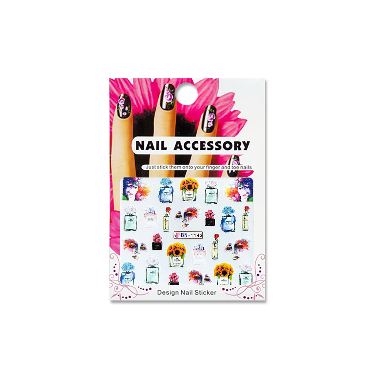 Tatuaj sticker cu efect acrilic pentru decor unghii BN-1143, MoonbasaNails, Multicolor