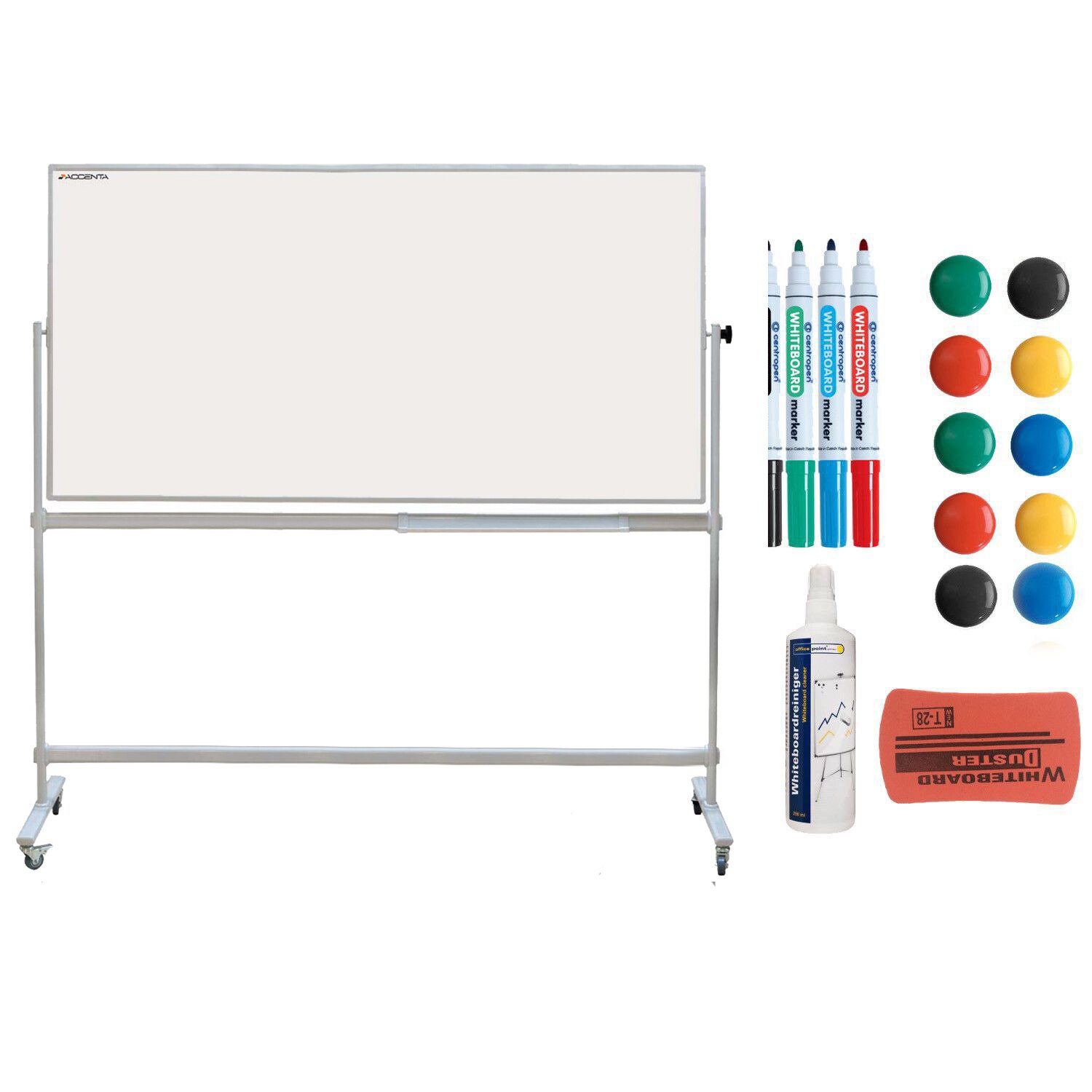 Pachet whiteboard rotativ mobil, ACCENTA, 90x180 cm si accesorii: markere, burete, magneti, spray curatare