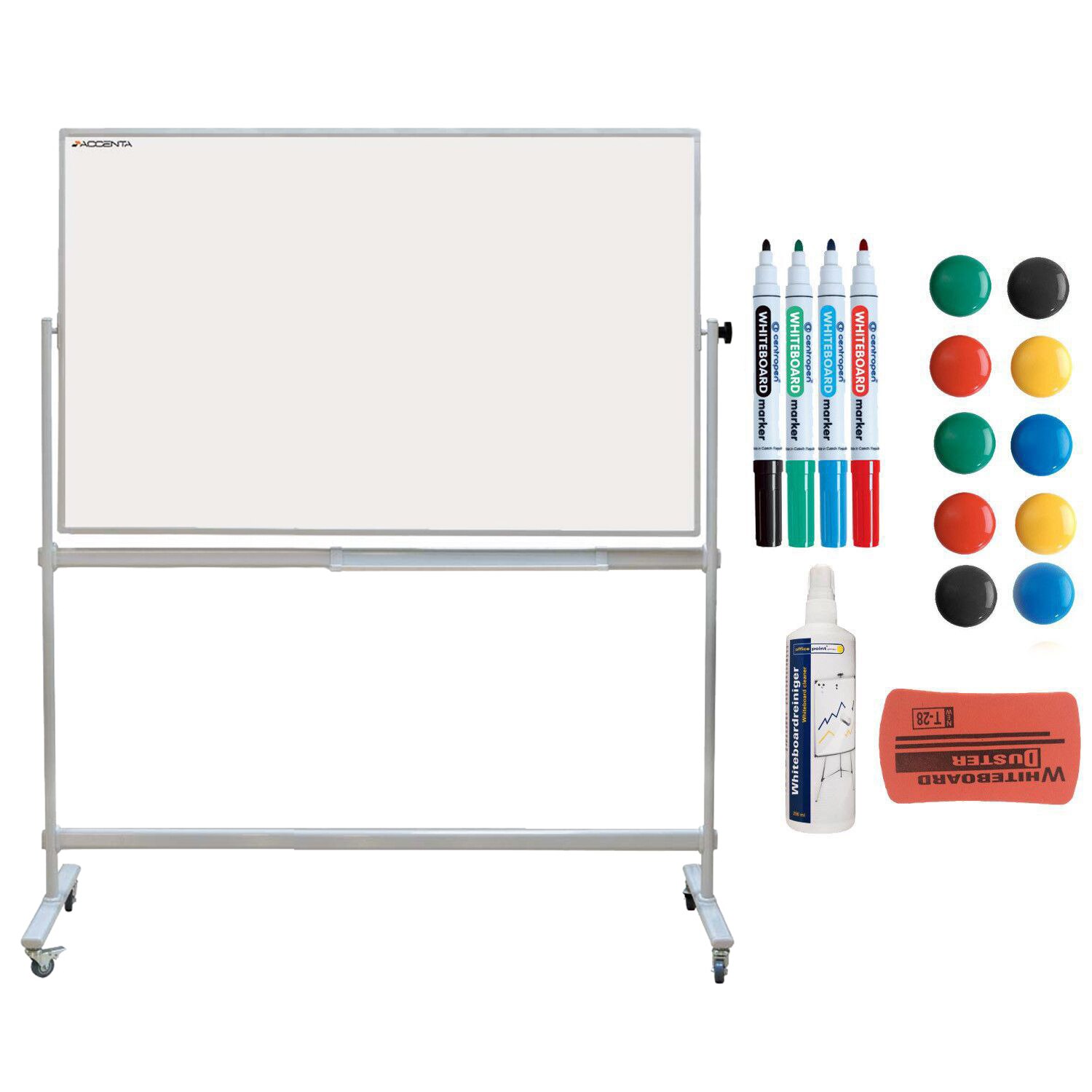 Pachet whiteboard rotativ mobil, ACCENTA, 120x180 cm si accesorii: markere, burete, magneti, spray curatare