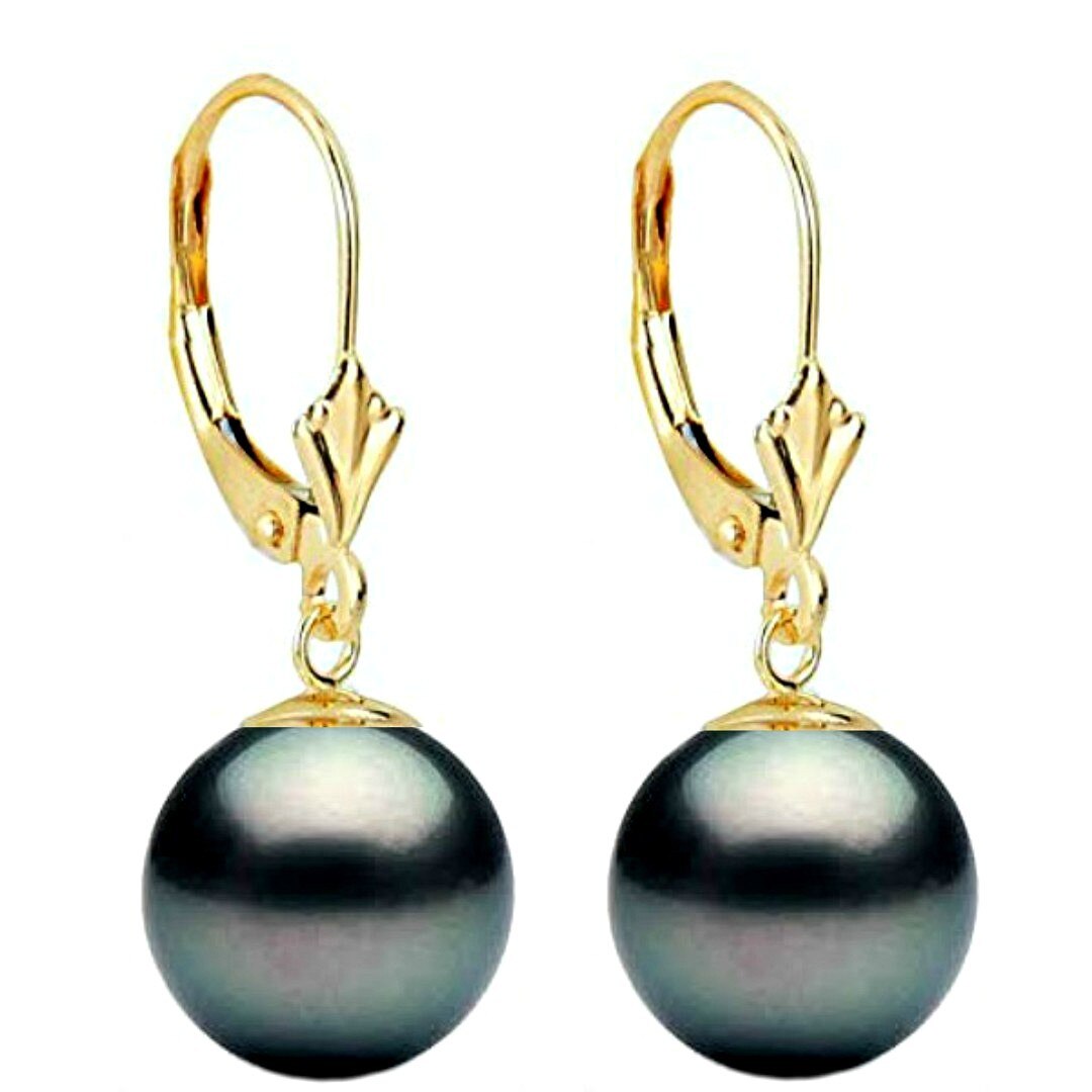 Cercei Aur Galben Model Lalea cu Perle Naturale Negre Premium de 10 mm